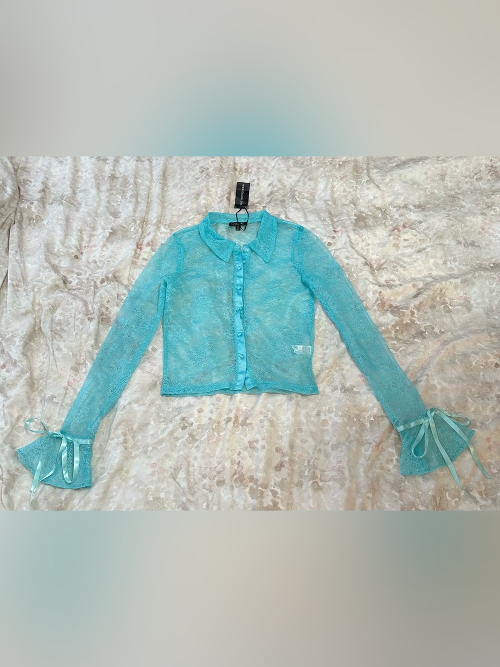 Dolls Kill Sheer Aqua Lace Button-Front Top